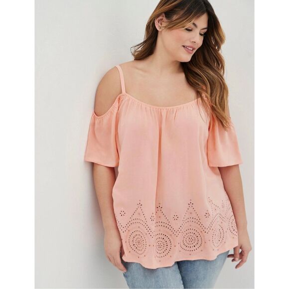 Torrid Peach Challis Eyelet Border Cold Shoulder Casual Top Womans Size 2X - Picture 1 of 11